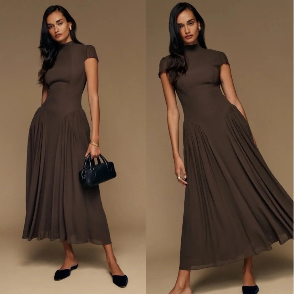 NWT Reformation Maven Dress Mole Brown Cap Sleeve Mock Neck Midi Dress 4